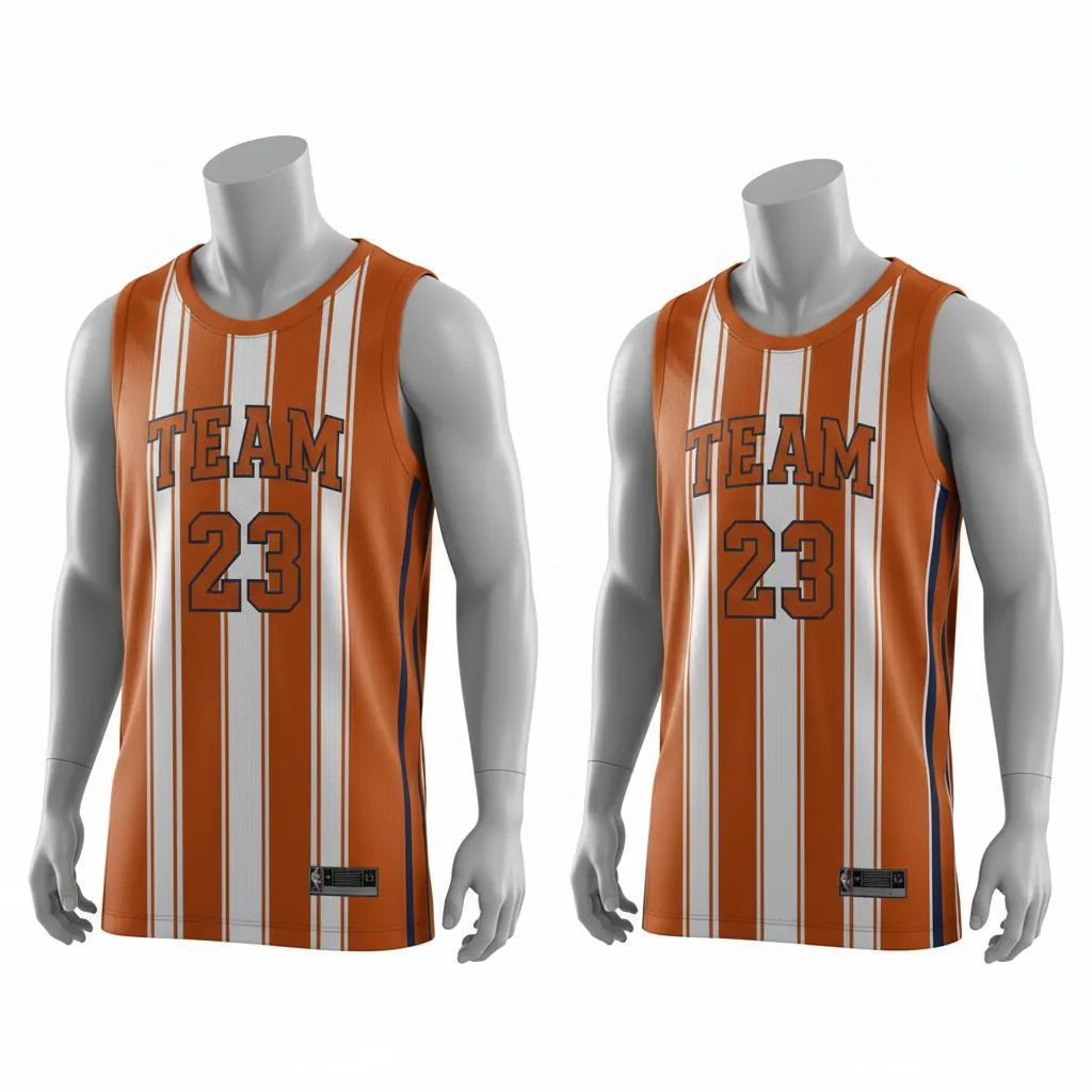 Custom Basketball Round Neck Reversible Jersey - White, Burnt, Orange... - Reversible Roundneck Jersey Vertical Stripes - Back View - HAMCO Sports Inc.