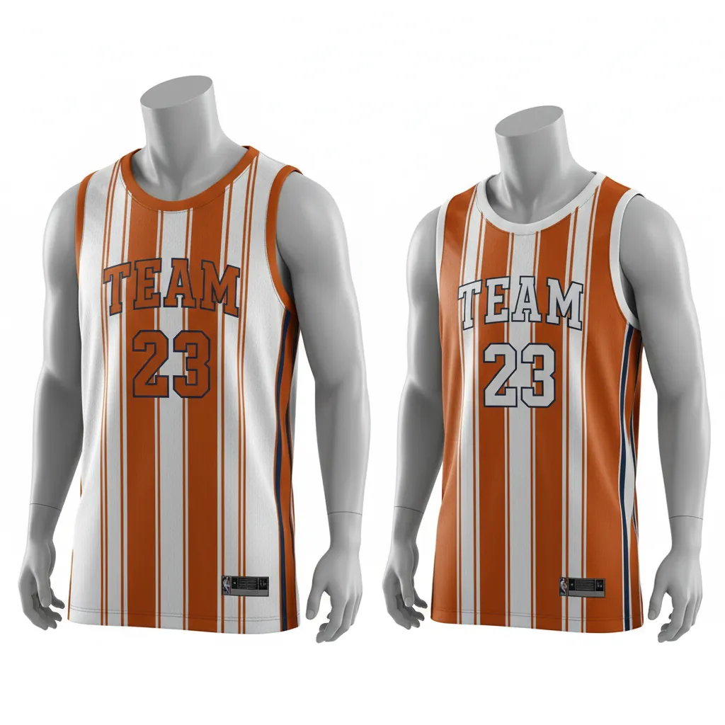 Custom Basketball Round Neck Reversible Jersey - White, Burnt, Orange... - Reversible Roundneck Jersey Vertical Stripes - Front View - HAMCO Sports Inc.