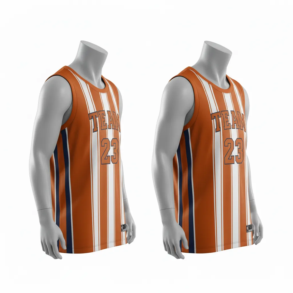Custom Basketball Round Neck Reversible Jersey - White, Burnt, Orange... - Reversible Roundneck Jersey Vertical Stripes - Side View - HAMCO Sports Inc.
