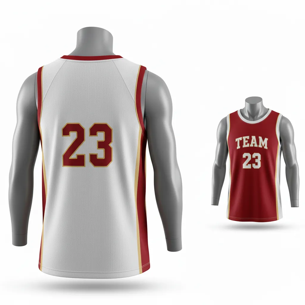 Custom Basketball Round Neck Reversible Jersey - White, Red, Gold - Reversible Roundneck Jersey Cardinal Side Panel Block - Back View - HAMCO Sports Inc.