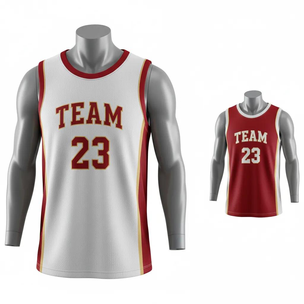 Custom Basketball Round Neck Reversible Jersey - White, Red, Gold - Reversible Roundneck Jersey Cardinal Side Panel Block - Front View - HAMCO Sports Inc.