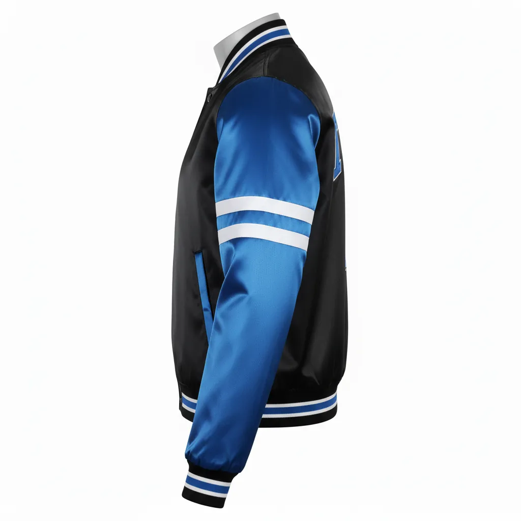Custom Basketball Satin Bomber Jacket - Black, Blue - Bomber Varsity Jacket Columbia Tackle Twill - Side View - HAMCO Sports Inc.