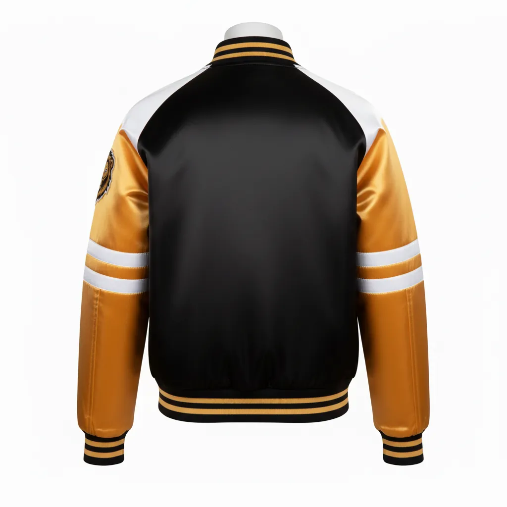 Custom Basketball Satin Bomber Jacket - Black, Gold - Bomber Varsity Jacket Embroidered Premium - Back View - HAMCO Sports Inc.