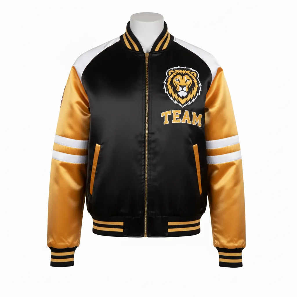 Custom Basketball Satin Bomber Jacket - Black, Gold - Bomber Varsity Jacket Embroidered Premium - Front View - HAMCO Sports Inc.