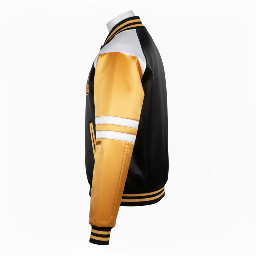 Custom Basketball Satin Bomber Jacket - Black, Gold - Bomber Varsity Jacket Embroidered Premium - Side View - HAMCO Sports Inc.