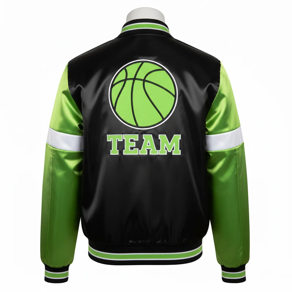 Custom Basketball Satin Bomber Jacket - Black, Green - Bomber Varsity Jacket Lime Embroidered Logo - Back View - HAMCO Sports Inc.