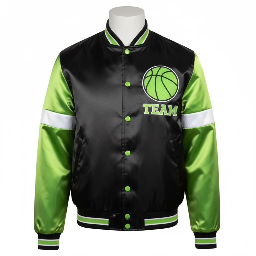 Custom Basketball Satin Bomber Jacket - Black, Green - Bomber Varsity Jacket Lime Embroidered Logo - Front View - HAMCO Sports Inc.