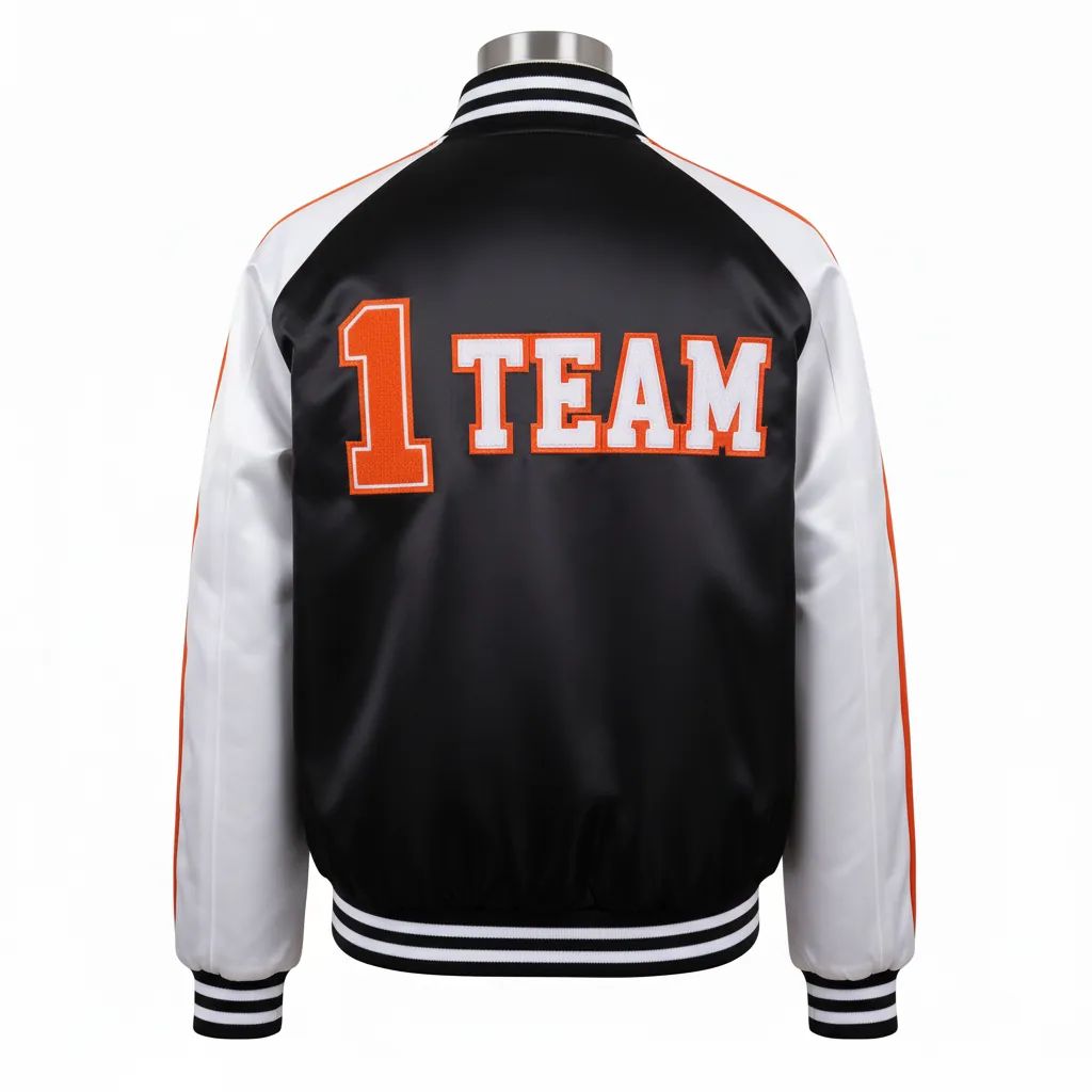 Custom Basketball Satin Bomber Jacket - Black, Orange - Bomber Varsity Jacket Triple Panel - Back View - HAMCO Sports Inc.