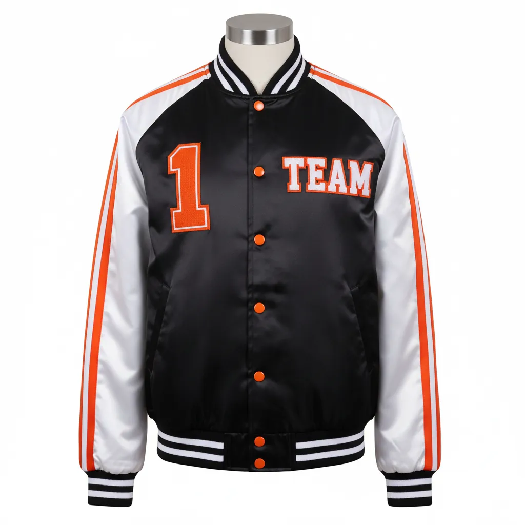 Custom Basketball Satin Bomber Jacket - Black, Orange - Bomber Varsity Jacket Triple Panel - Front View - HAMCO Sports Inc.