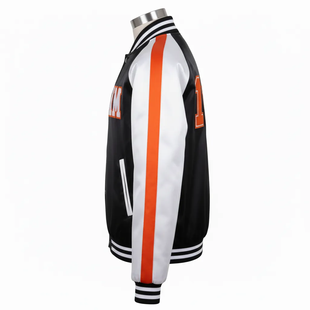 Custom Basketball Satin Bomber Jacket - Black, Orange - Bomber Varsity Jacket Triple Panel - Side View - HAMCO Sports Inc.