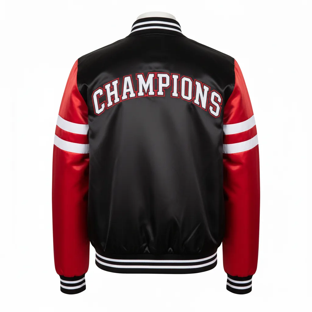 Custom Basketball Satin Bomber Jacket - Black, Red - Bomber Varsity Jacket Double Stripe - Back View - HAMCO Sports Inc.
