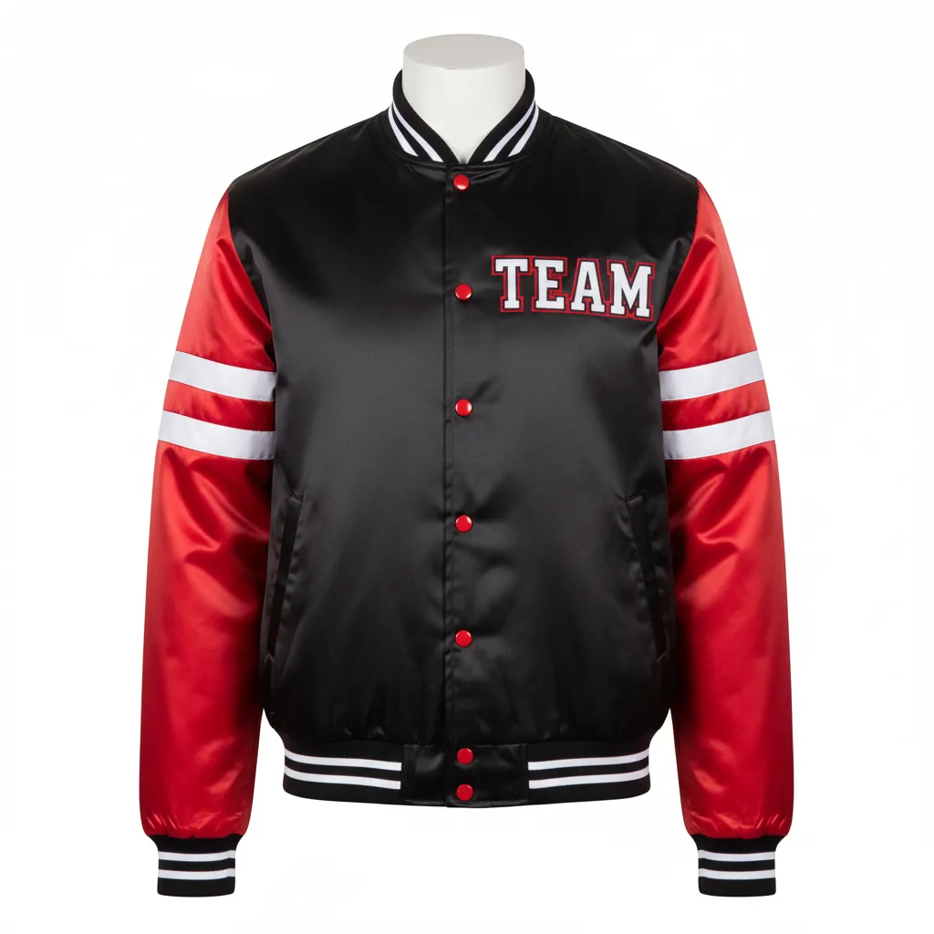 Custom Basketball Satin Bomber Jacket - Black, Red - Bomber Varsity Jacket Double Stripe - Front View - HAMCO Sports Inc.
