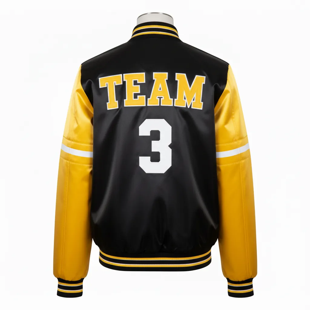 Custom Basketball Satin Bomber Jacket - Black, Yellow - Bomber Varsity Jacket Tackle Twill - Back View - HAMCO Sports Inc.