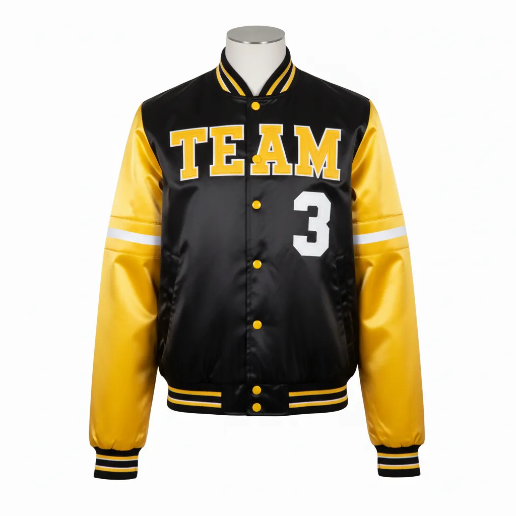 Custom Basketball Satin Bomber Jacket - Black, Yellow - Bomber Varsity Jacket Tackle Twill - Front View - HAMCO Sports Inc.