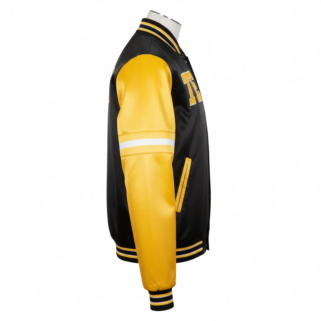 Custom Basketball Satin Bomber Jacket - Black, Yellow - Bomber Varsity Jacket Tackle Twill - Side View - HAMCO Sports Inc.