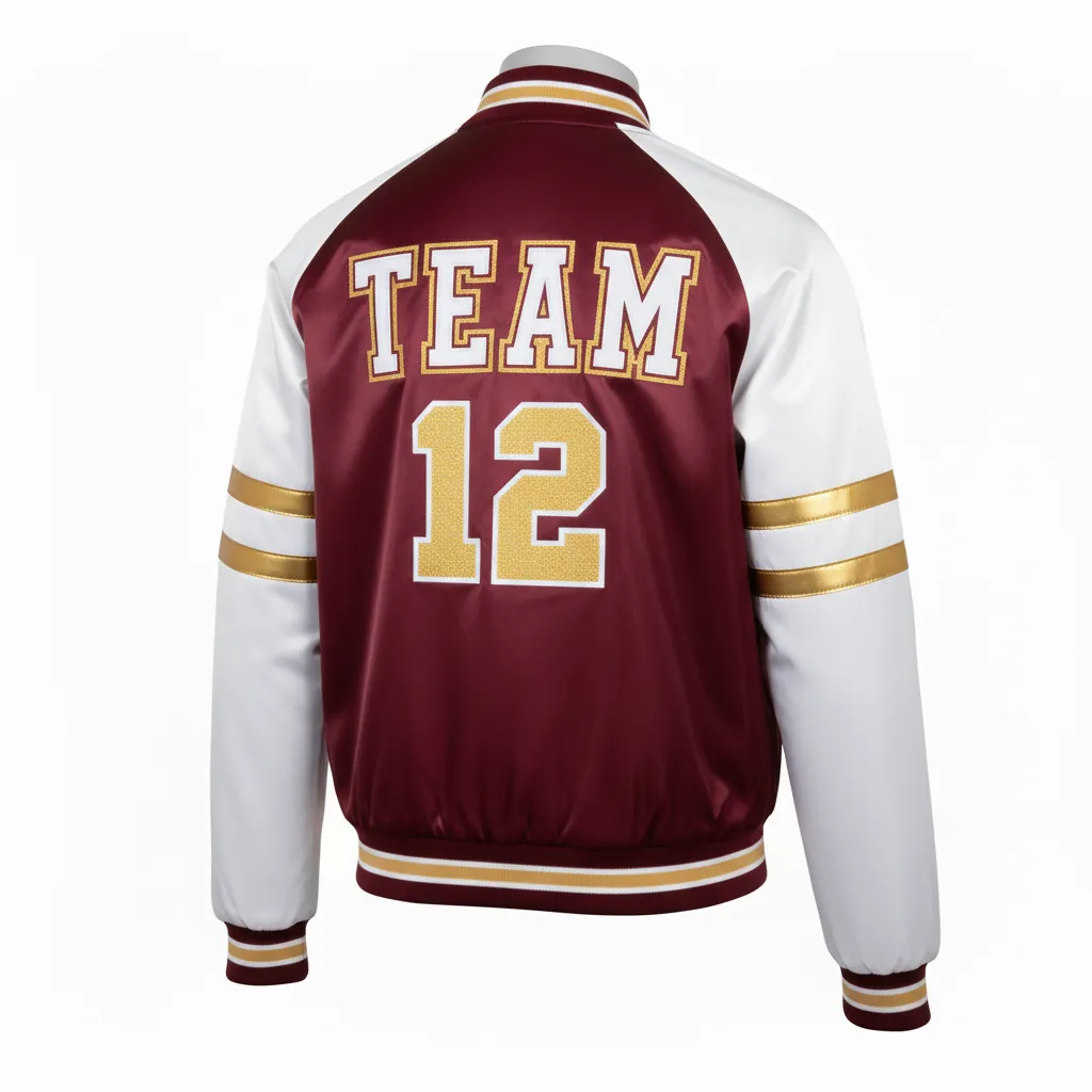 Custom Basketball Satin Bomber Jacket - Burgundy, Gold - Bomber Varsity Jacket Double Shoulder - Back View - HAMCO Sports Inc.