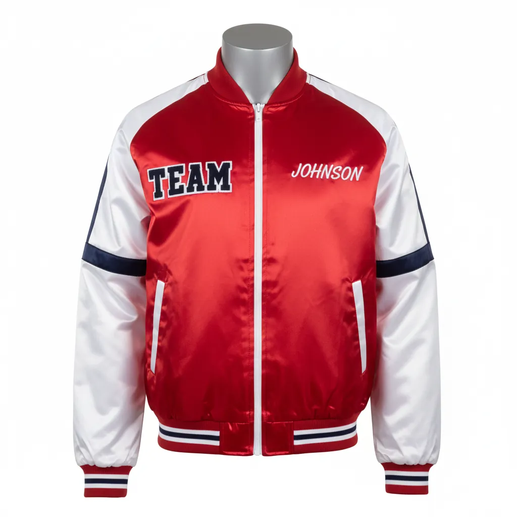 Custom Basketball Satin Bomber Jacket - Red, White - Bomber Varsity Jacket Cardinal Chenille Embroidery - Front View - HAMCO Sports Inc.