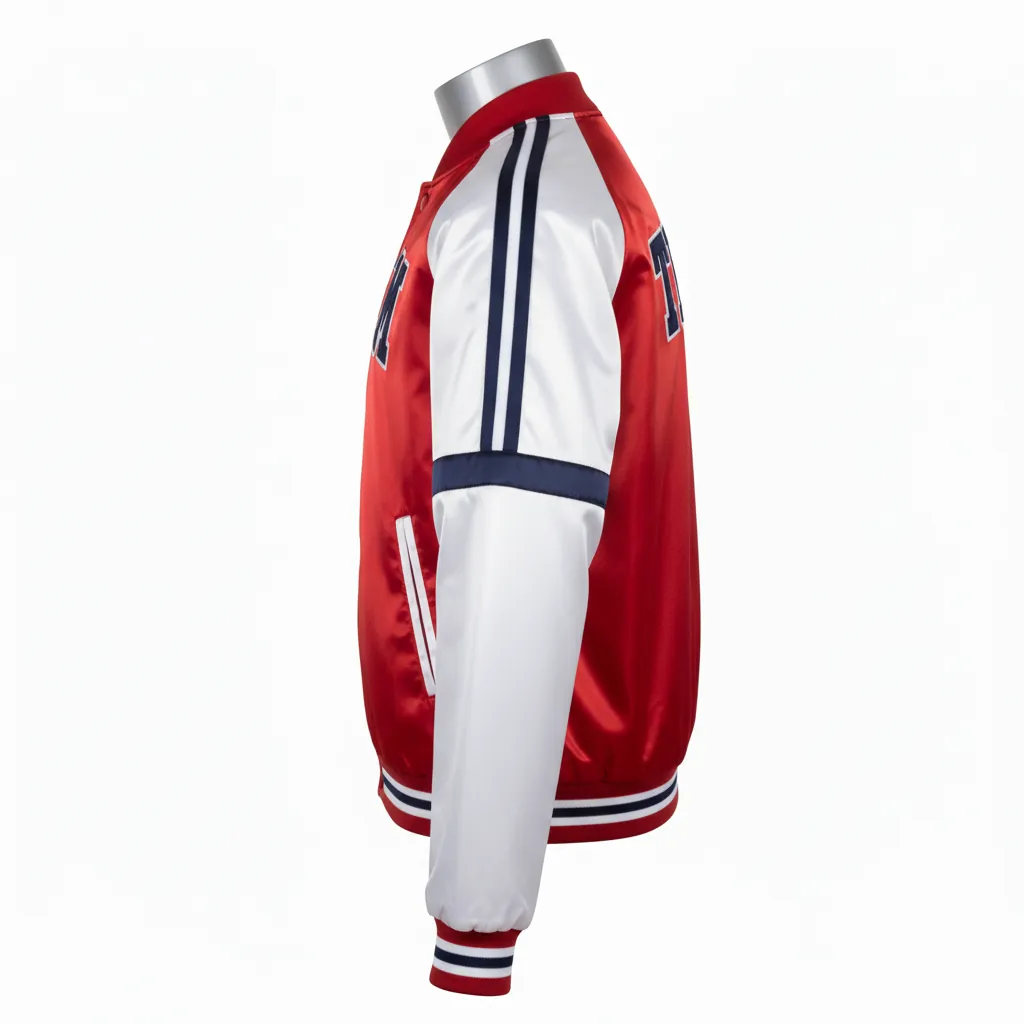 Custom Basketball Satin Bomber Jacket - Red, White - Bomber Varsity Jacket Cardinal Chenille Embroidery - Side View - HAMCO Sports Inc.