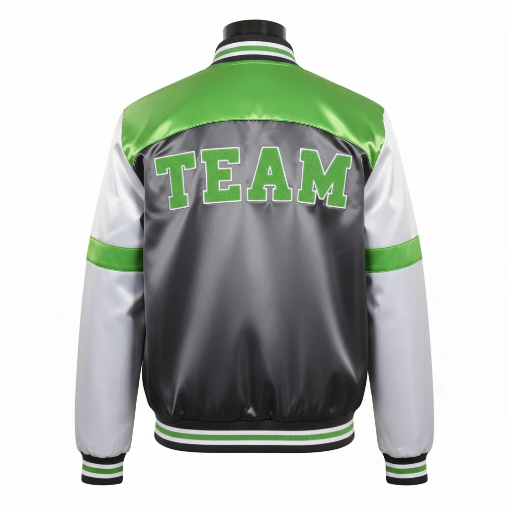 Custom Basketball Satin Bomber Jacket - Custom Design - Bomber Varsity Jacket Charcoal Lime Asymmetric - Back View - HAMCO Sports Inc.