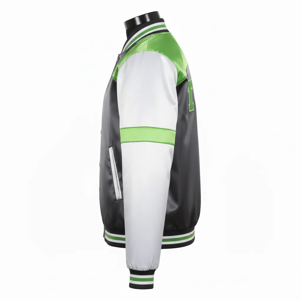 Custom Basketball Satin Bomber Jacket - Custom Design - Bomber Varsity Jacket Charcoal Lime Asymmetric - Side View - HAMCO Sports Inc.