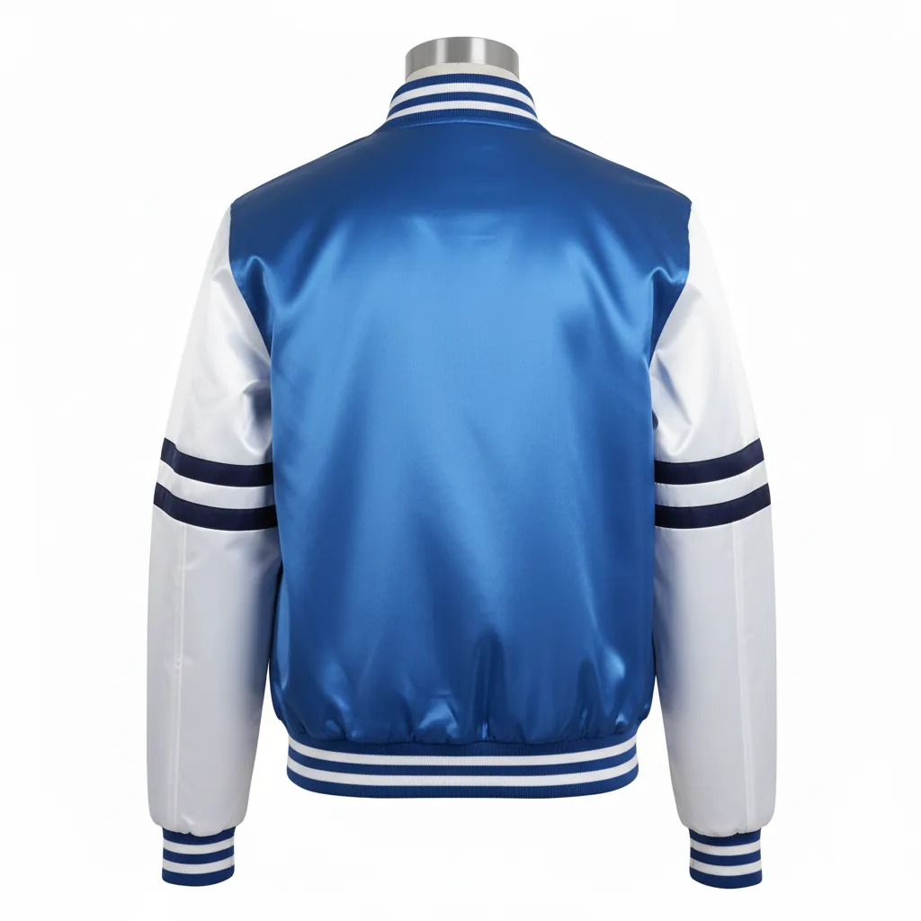 Custom Basketball Satin Bomber Jacket - Blue, White - Bomber Varsity Jacket Columbia Chenille Year - Back View - HAMCO Sports Inc.