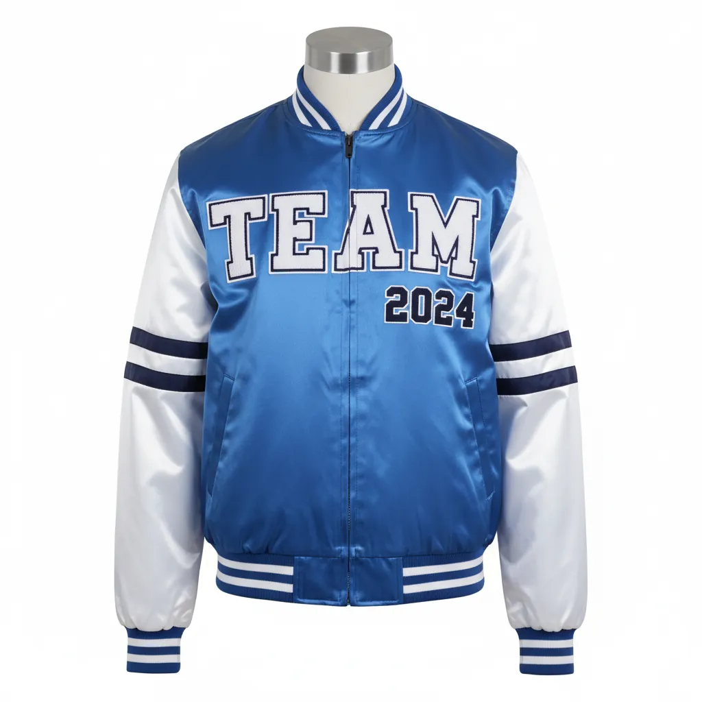 Custom Basketball Satin Bomber Jacket - Blue, White - Bomber Varsity Jacket Columbia Chenille Year - Front View - HAMCO Sports Inc.