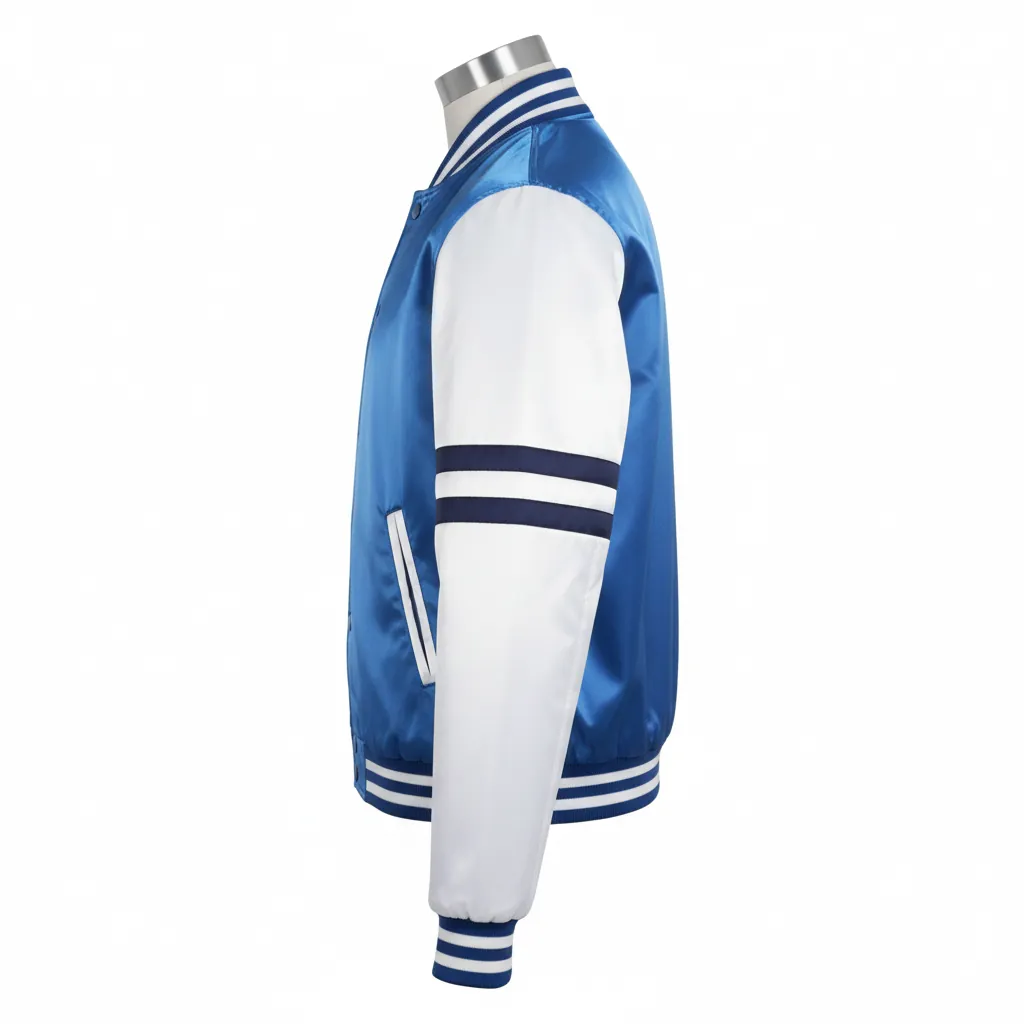 Custom Basketball Satin Bomber Jacket - Blue, White - Bomber Varsity Jacket Columbia Chenille Year - Side View - HAMCO Sports Inc.