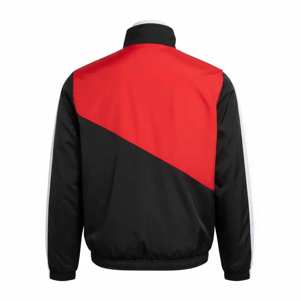 Custom Basketball Shooting Jacket - Black, Red, White - Shooting Jacket Diagonal - Back View - HAMCO Sports Inc.
