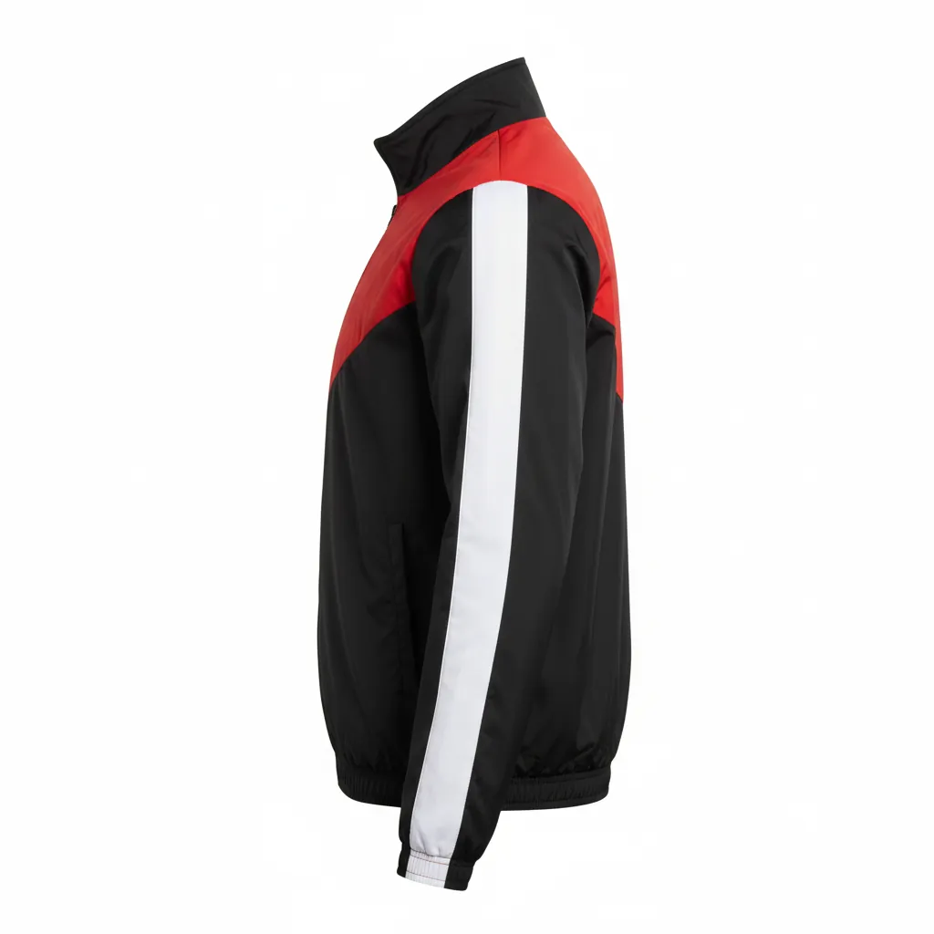 Custom Basketball Shooting Jacket - Black, Red, White - Shooting Jacket Diagonal - Side View - HAMCO Sports Inc.