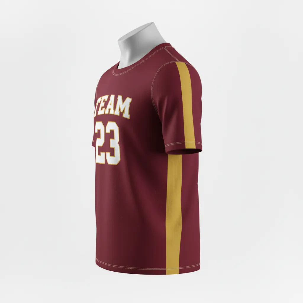 Custom Basketball Short Sleeve Practice T Shirt - Burgundy, Gold - Practice T Shirt Side Stripe - Front View - HAMCO Sports Inc.