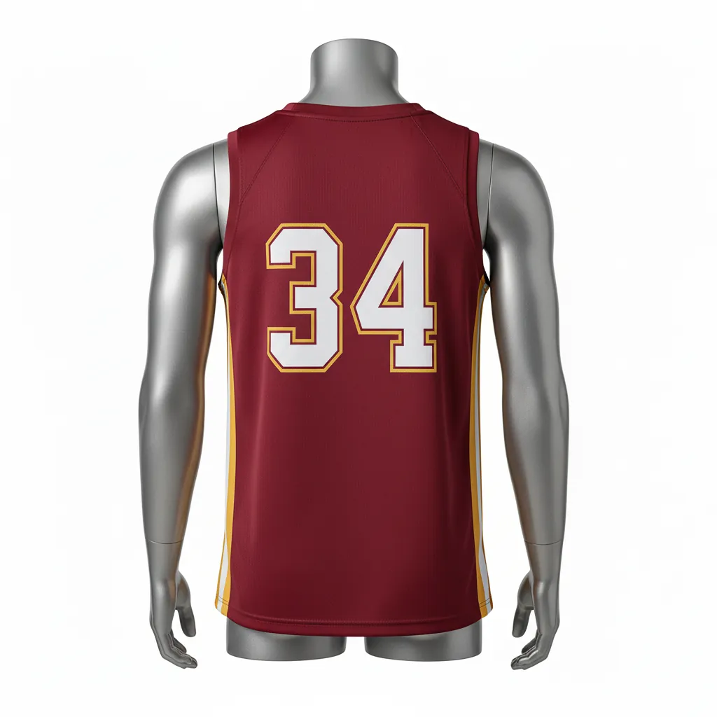 Custom Basketball Sleeveless Training Shirt - Burgundy, Gold - Sleeveless Training Shirt Side Stripe - Back View - HAMCO Sports Inc.