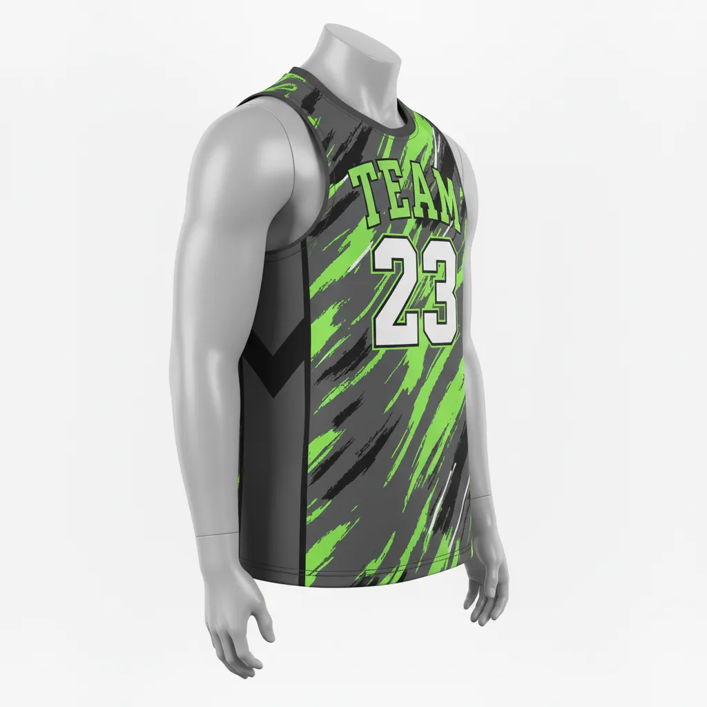 Custom Basketball Sleeveless Training Shirt - Green - Sleeveless Training Shirt Charcoal Neon Abstract - Side View - HAMCO Sports Inc.