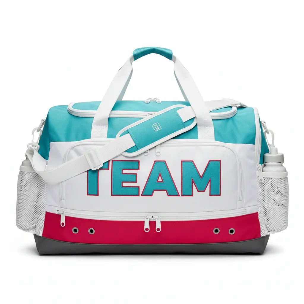 Custom Basketball Team Duffle Bag - White - Duffle Aqua Crimson Color Block - Front View - HAMCO Sports Inc.