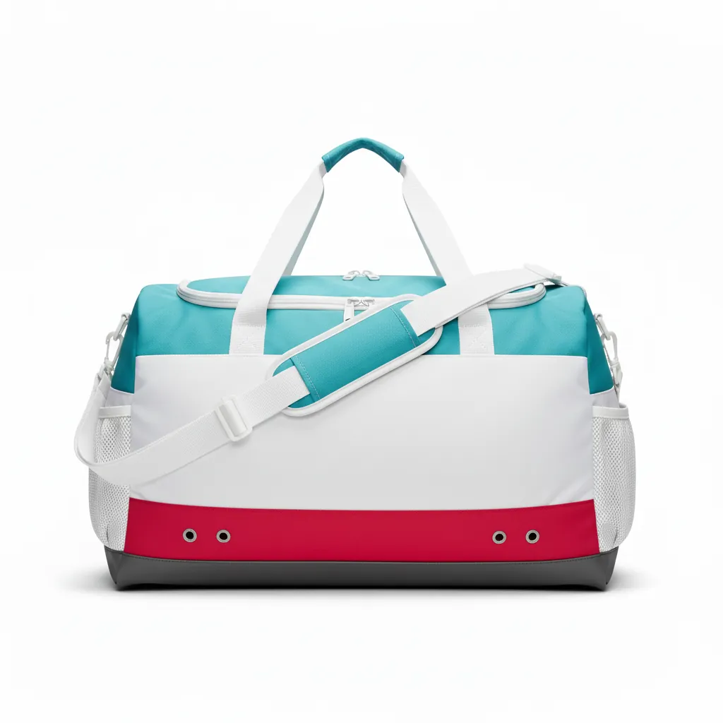 Custom Basketball Team Duffle Bag - White - Duffle Aqua Crimson Color Block - Side View - HAMCO Sports Inc.