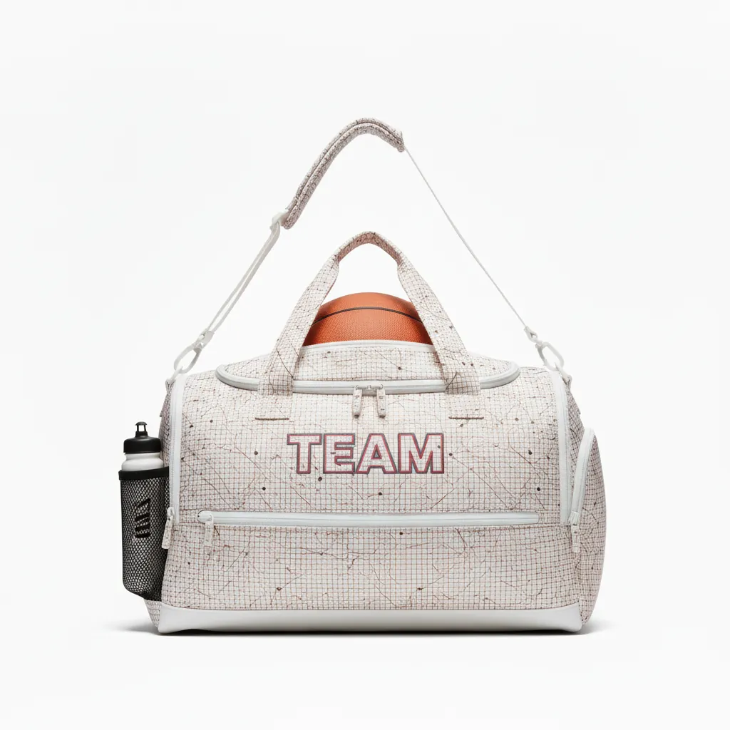 Custom Basketball Team Duffle Bag - White - Duffle Berry Graphite Curved Flow - Front View - HAMCO Sports Inc.