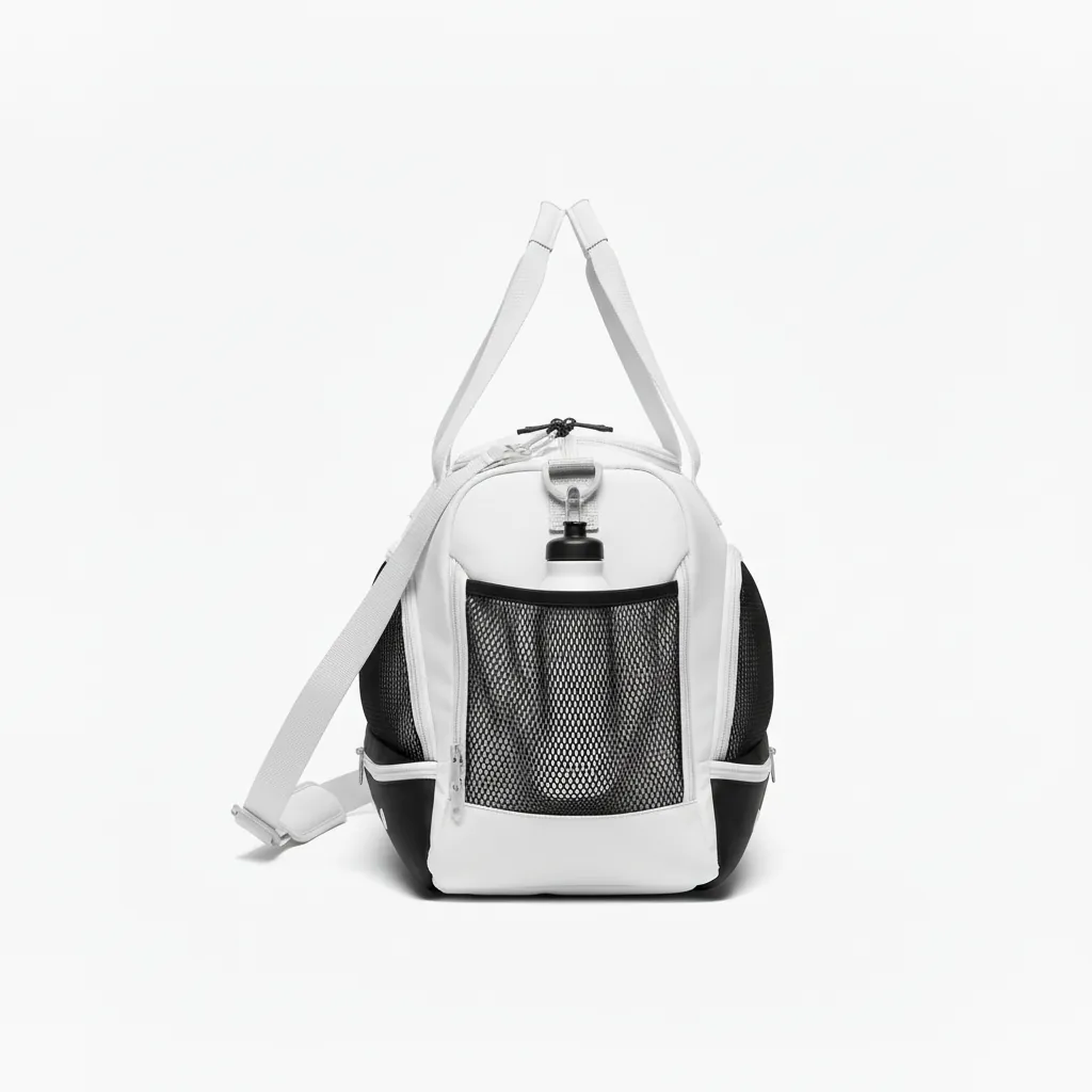 Custom Basketball Team Duffle Bag - White, Black, White - Duffle Bottom Block - Side View - HAMCO Sports Inc.