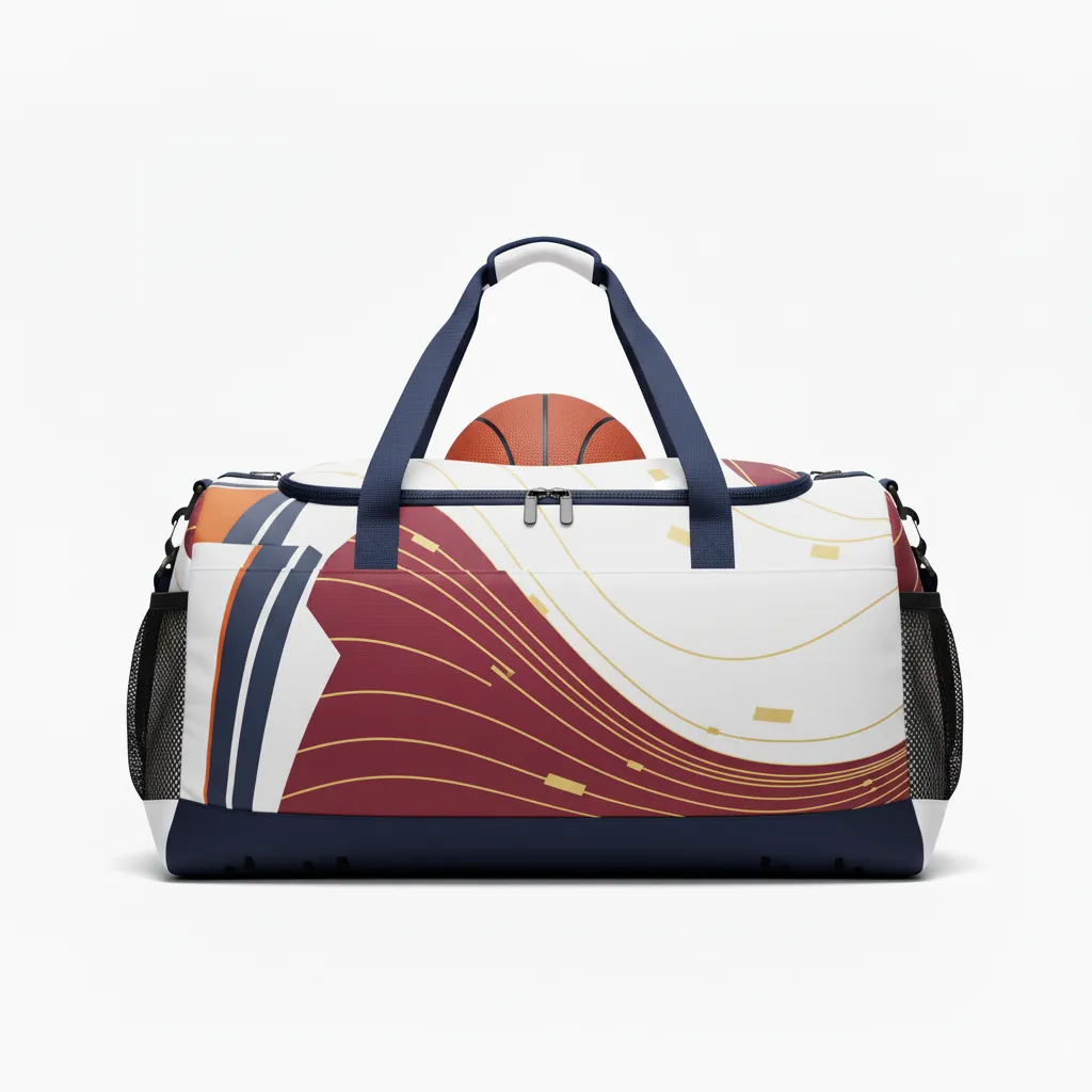 Custom Basketball Team Duffle Bag - White, Burgundy, Gold - Duffle Wave Pattern - Back View - HAMCO Sports Inc.