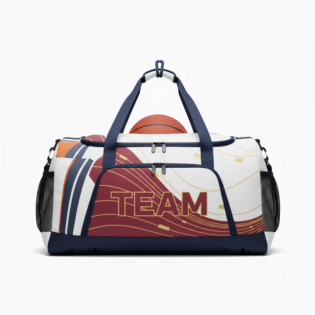 Custom Basketball Team Duffle Bag - White, Burgundy, Gold - Duffle Wave Pattern - Front View - HAMCO Sports Inc.