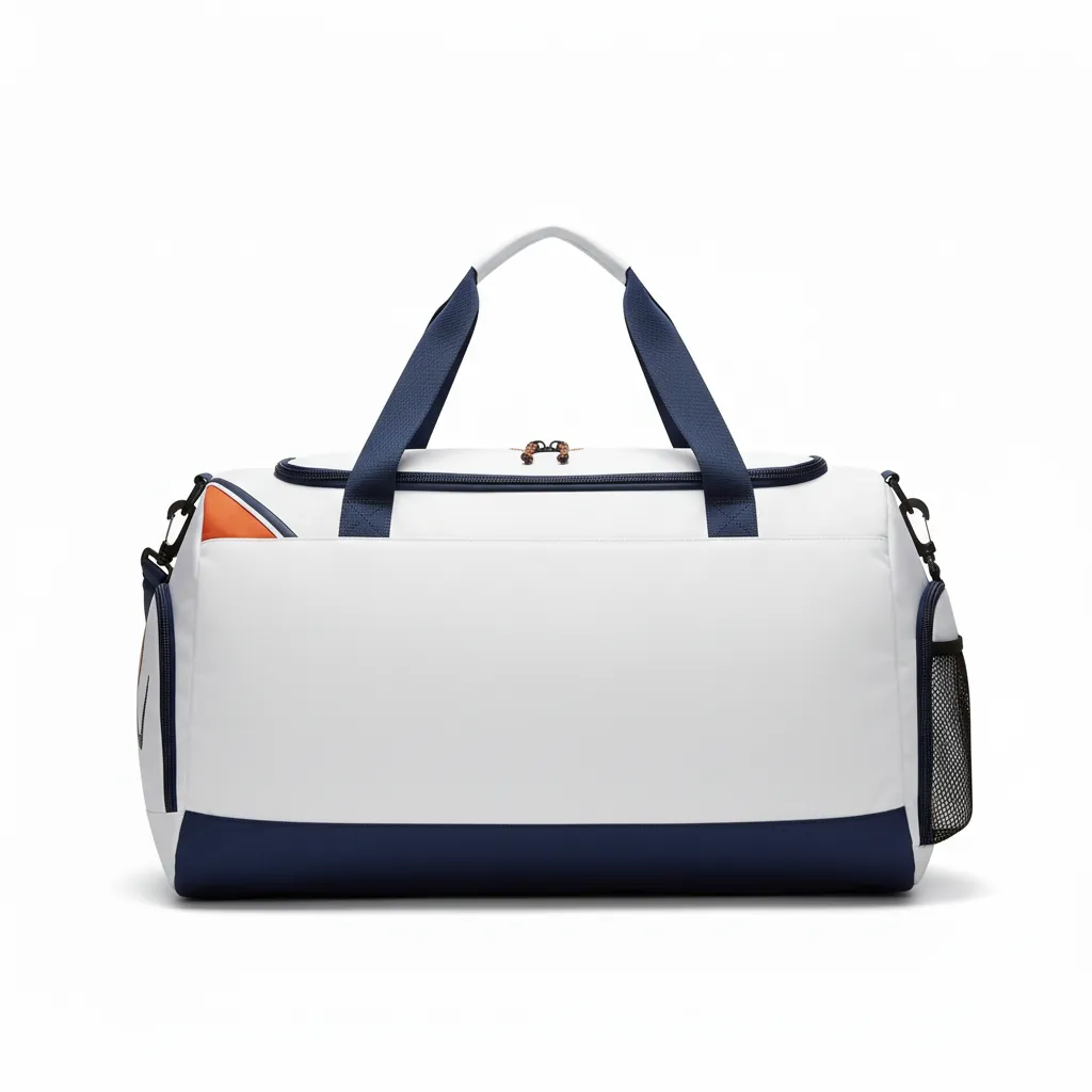 Custom Basketball Team Duffle Bag - White, Burnt, Orange... - Duffle Angular Panel - Back View - HAMCO Sports Inc.