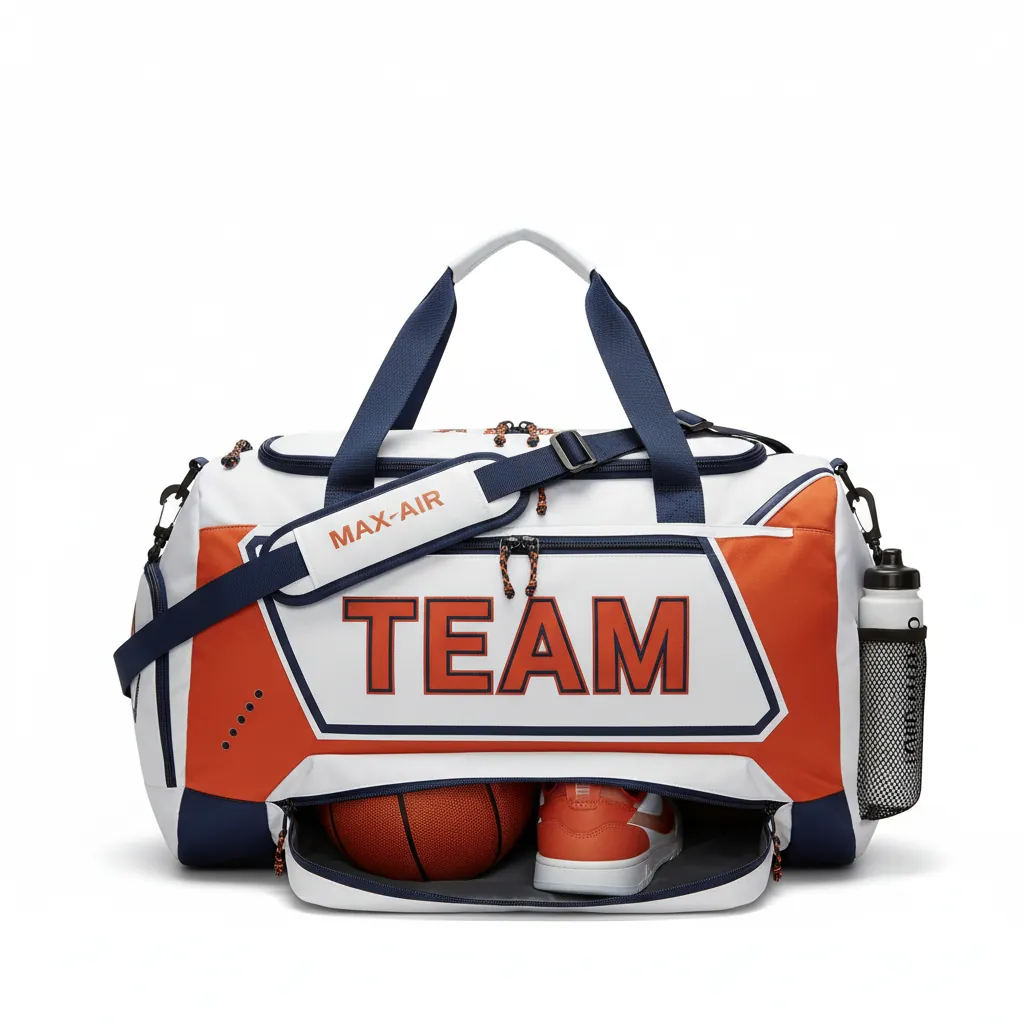 Custom Basketball Team Duffle Bag - White, Burnt, Orange... - Duffle Angular Panel - Front View - HAMCO Sports Inc.