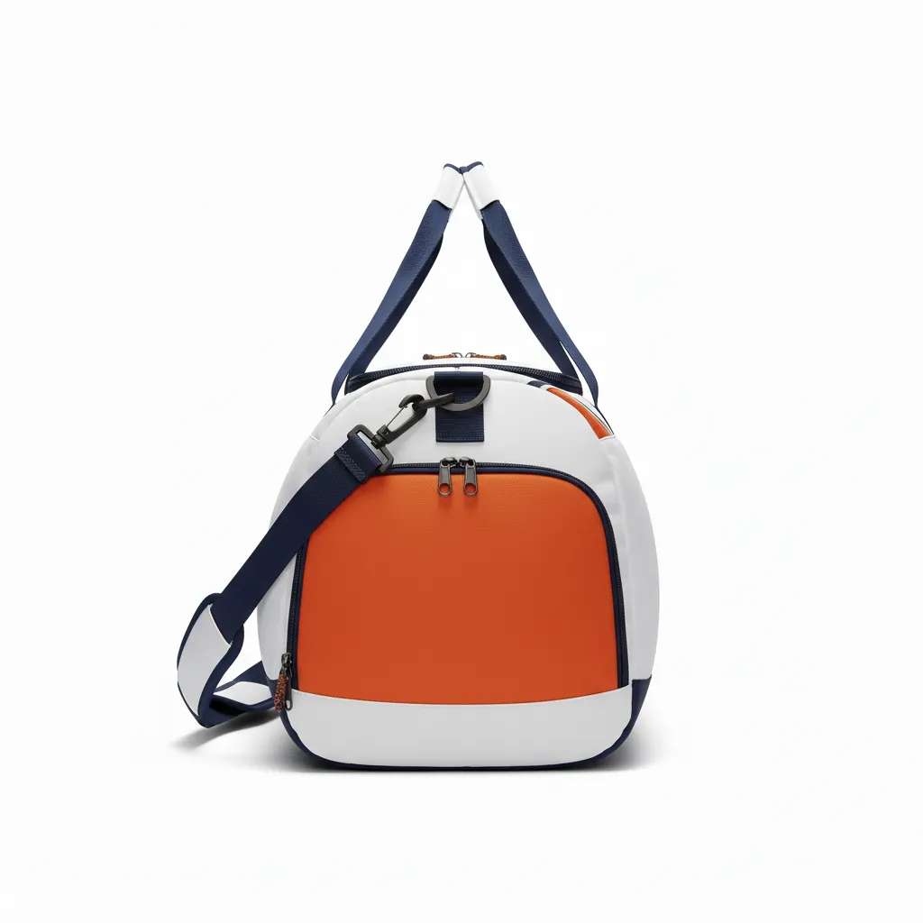 Custom Basketball Team Duffle Bag - White, Burnt, Orange... - Duffle Angular Panel - Side View - HAMCO Sports Inc.