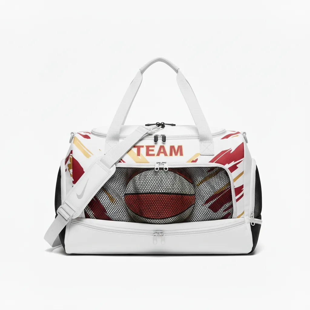 Custom Basketball Team Duffle Bag - White, Red, Gold - Duffle Cardinal Wave Pattern - Front View - HAMCO Sports Inc.