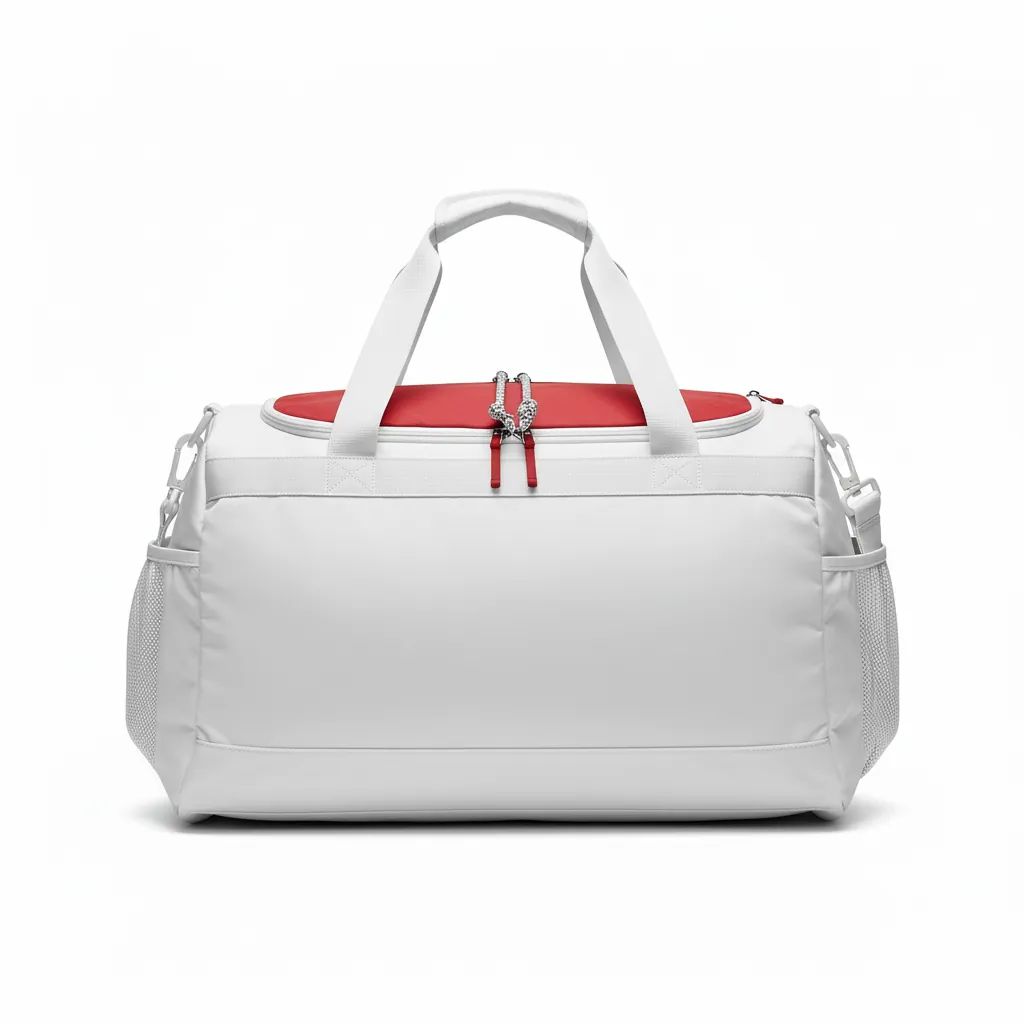 Custom Basketball Team Duffle Bag - White, Red, White - Duffle Cardinal Top Panel - Back View - HAMCO Sports Inc.