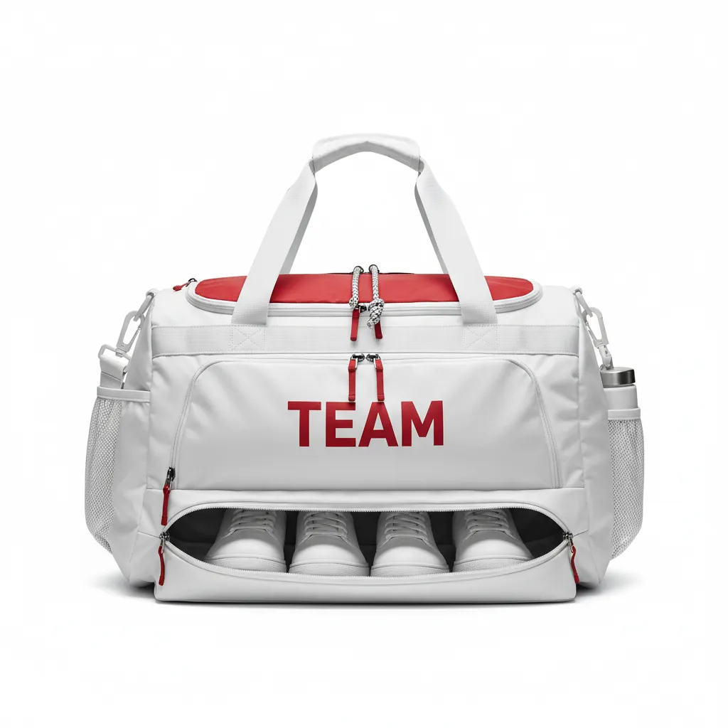 Custom Basketball Team Duffle Bag - White, Red, White - Duffle Cardinal Top Panel - Front View - HAMCO Sports Inc.
