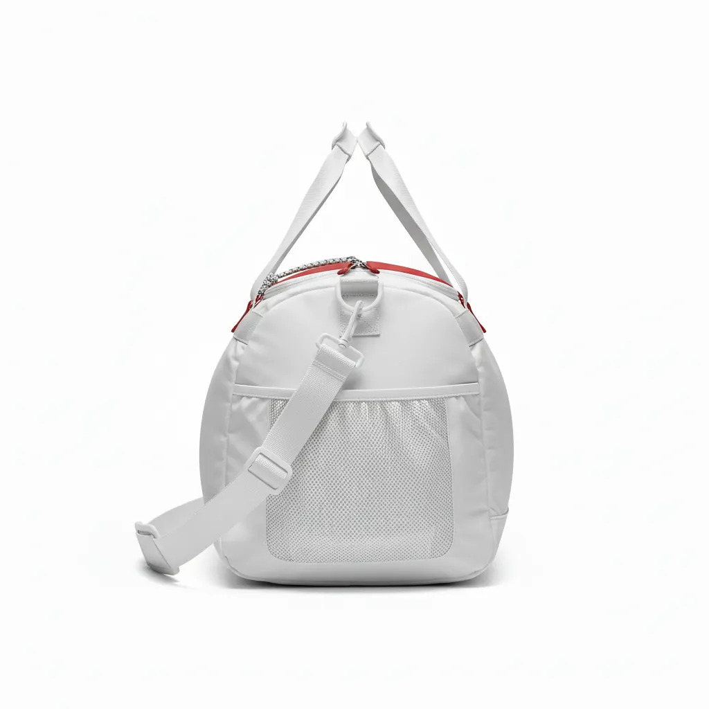 Custom Basketball Team Duffle Bag - White, Red, White - Duffle Cardinal Top Panel - Side View - HAMCO Sports Inc.