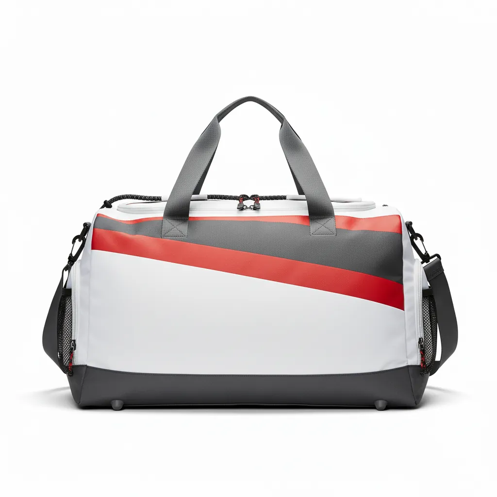 Custom Basketball Team Duffle Bag - White, Red - Duffle Charcoal Asymmetric Panel - Back View - HAMCO Sports Inc.