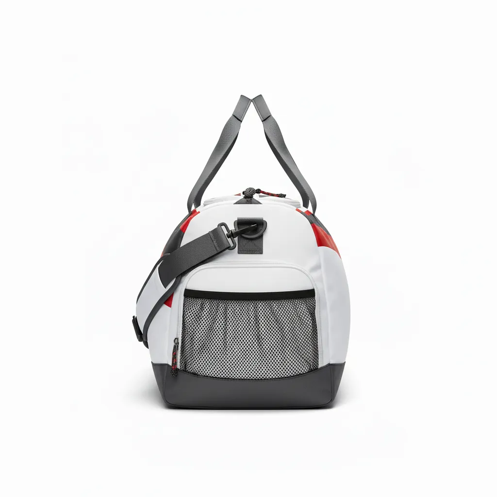 Custom Basketball Team Duffle Bag - White, Red - Duffle Charcoal Asymmetric Panel - Side View - HAMCO Sports Inc.