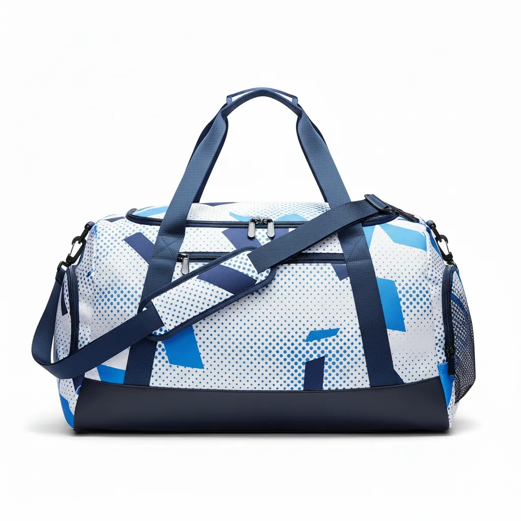Custom Basketball Team Duffle Bag - White, Blue, Navy - Duffle Columbia Halftone - Back View - HAMCO Sports Inc.
