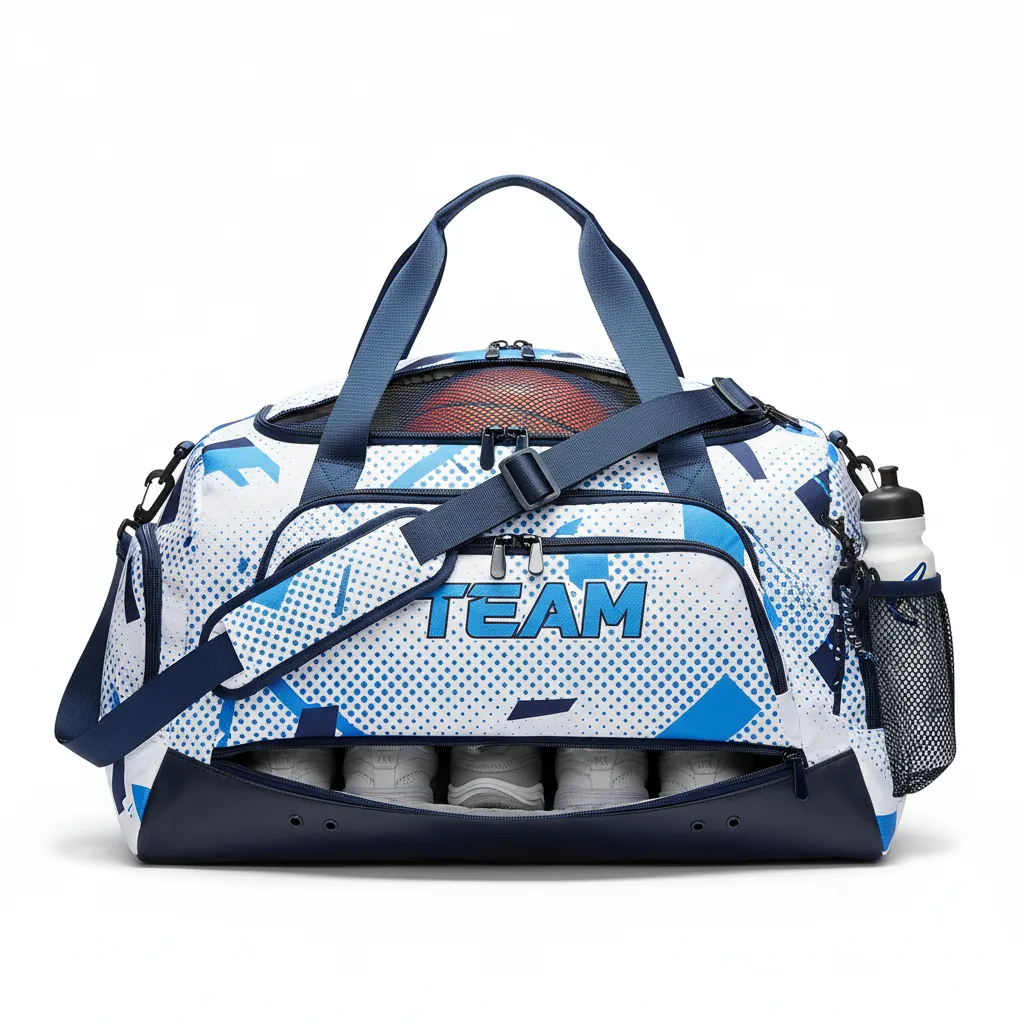 Custom Basketball Team Duffle Bag - White, Blue, Navy - Duffle Columbia Halftone - Front View - HAMCO Sports Inc.