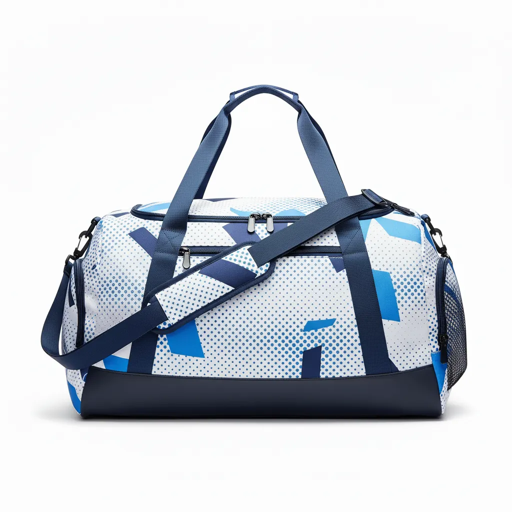 Custom Basketball Team Duffle Bag - White, Blue, Navy - Duffle Columbia Halftone - Side View - HAMCO Sports Inc.